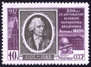 1957 stamp of the former Soviet Union commemorating the 250th birthday of Euler. The text says: 250 years from the birth of the great mathematician and academician, Leonhard Euler.