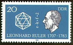 Stamp of the former German Democratic Republic honoring Euler on the 200th anniversary of his death. In the middle, it shows his polyhedral formula.