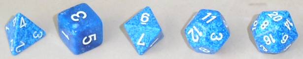A matched Platonic-solids set of five dice, (from left) tetrahedron (4 sides), cube (6), octahedron (8), dodecahedron (12), and icosahedron (20).