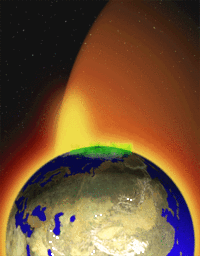 The Earth's "plasma fountain", showing oxygen, helium, and hydrogen ions which gush into space from regions near the Earth's poles. The faint yellow area shown above the north pole represents gas lost from Earth into space; the green area is the aurora borealis-or plasma energy pouring back into the atmosphere.