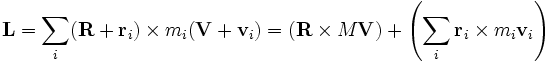 \mathbf{L}=\sum_i (\mathbf{R}+\mathbf{r}_i)\times m_i (\mathbf{V}+\mathbf{v}_i) = \left(\mathbf{R}\times M\mathbf{V}\right) + \left(\sum_i \mathbf{r}_i\times m_i \mathbf{v}_i\right)