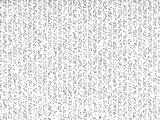 The distribution of all the prime numbers in the range of 1 to 76,800, from left to right and top to bottom, where each pixel represents a number. Black pixels mean that number is prime and white means it is not prime.