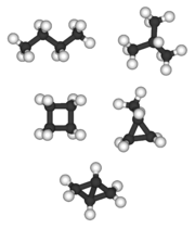 Different C4-alkanes and -cycloalkanes (left to right): n-butane and isobutane are the two C4H10 isomers; cyclobutane and methylcyclopropane are the two C4H8 isomers; bicyclo[1.1.0]butane is the only C4H6 isomer; tetrahedrane (not shown) is the only C4H4 isomer.