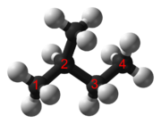 Ball-and-stick model of isopentane (common name) or 2-methylbutane (IUPAC systematic name)