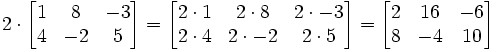 2 \cdot

\begin{bmatrix}
1 & 8 & -3 \\
4 & -2 & 5
\end{bmatrix}
=
\begin{bmatrix}
2 \cdot 1 & 2\cdot 8 & 2\cdot -3 \\
2\cdot 4 & 2\cdot -2 & 2\cdot 5
\end{bmatrix}
=
\begin{bmatrix}
2 & 16 & -6 \\
8 & -4 & 10
\end{bmatrix}
