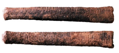 The Ishango bone, dating to perhaps 18000 to 20000 B.C.