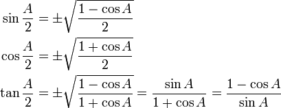 \begin{align}
\sin \frac{A}{2} &= \pm \sqrt{\frac{1-\cos A}{2}} \\
\cos \frac{A}{2} &= \pm \sqrt{\frac{1+\cos A}{2}} \\\tan \frac{A}{2} &= \pm \sqrt{\frac{1-\cos A}{1+\cos A}} = \frac {\sin A}{1+\cos A} = \frac {1-\cos A}{\sin A}
\end{align}