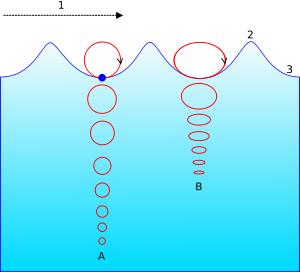 A = In deep water. B = In shallow water. The circular movement of a surface particle becomes elliptical with decreasing depth. 1 = Progression of wave  2 = Crest 3 = Trough