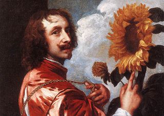 Self Portrait With a Sunflower showing the gold collar and medal Charles I gave him in 1633. The sunflower represents the king, or royal patronage.