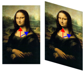 Fig. 1. In this shear mapping of the Mona Lisa, the picture was deformed in such a way that its central vertical axis (red vector) was not modified, but the diagonal vector (blue) has changed direction. Hence the red vector is an eigenvector of the transformation and the blue vector is not. Since the red vector was neither stretched nor compressed, its eigenvalue is 1.  All vectors with the same vertical direction - i.e., parallel to this vector - are also eigenvectors, with the same eigenvalue. Together with the zero-vector, they form the eigenspace for this eigenvalue.