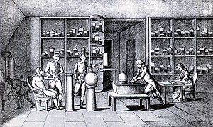 Lavoisier conducting an experiment on respiration in the 1770s.