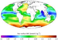 "Present day" (1990s) sea surface dissolved inorganic carbon concentration (from the GLODAP climatology)