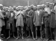 Mistreated and starved prisoners in the Mauthausen camp, Austria, 1945.
