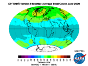 Total ozone concentration in June 2000 as measured by EP-TOMS satellite instrument.