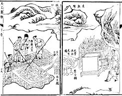 The puddling process of smelting iron ore to make wrought iron from pig iron, with the right illustration displaying men working a blast furnace, from the Tiangong Kaiwu encyclopedia, published 1637 by Song Yingxing.