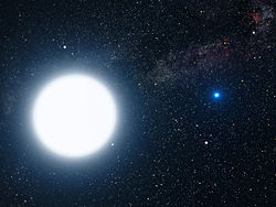 An artist's impression of Sirius A and Sirius B. Sirius A is the larger of the two stars.