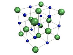 The crystal structure of sodium chloride. Each atom has six nearest neighbors, with octahedral geometry.
