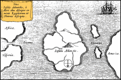 Athanasius Kircher's map of Atlantis, in the middle of the Atlantic Ocean. From Mundus Subterraneus 1669, published in Amsterdam. The map is oriented with south at the top.