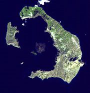 Satellite image of Santorini. Clockwise from center: Nea Kameni; Palea Kameni; Aspronisi; Therasia; Thera
