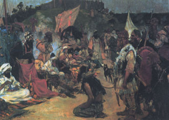 Slave market in early medieval Eastern Europe. Painting by Sergei Ivanov