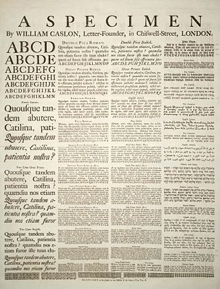 A Specimen of typeset fonts and languages, by William Caslon, letter founder; from the 1728 Cyclopaedia.