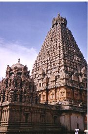 Detail of the main gopura (tower) of the Thanjavur Temple pyramid in Thanjavur, Tamil Nadu