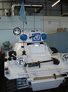 UN peacekeeping light armed mechanised vehicle in Bovington Tank Museum, Dorset.