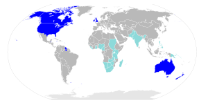 Places in the world where English is spoken. Countries where it is the majority language are dark blue; countries where it is an official but not majority language are light blue.