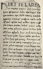The Old English epic poem Beowulf is written in alliterative verse and in paragraph form, not separated into lines or stanzas.
