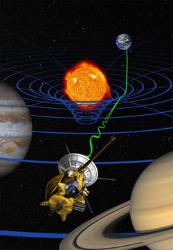 High-precision test of general relativity by the Cassini space probe (artist's impression): radio signals sent between the Earth and the probe (green wave) are delayed by the warpage of space and time (blue lines).