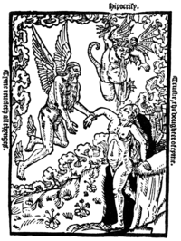 Allegorical woodcut of Time, who "revealeth all things", guiding his daughter Truth away from the demon of Hypocrisy. John Byddell, 1535.