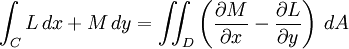 \int_{C} L\, dx + M\, dy = \iint_{D} \left(\frac{\partial M}{\partial x} - \frac{\partial L}{\partial y}\right)\, dA