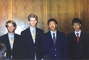 From left to right, Gabriel Carroll, USA, Reid Barton, USA, Zhiqiang Zhang, China, and Liang Xiao, China, the four perfect scorers in the 2001 IMO held in USA.