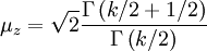 \mu_z= \sqrt{2}
\frac{\Gamma\left(k/2+1/2\right)}{\Gamma\left(k/2 \right)}