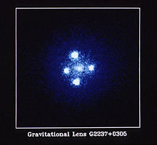 Einstein cross: four images of the same astronomical object, produced by a gravitational lens