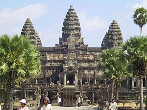 The temple complex of Angkor Wat, built during the reign of Suryavarman II in Khmer era Cambodia.