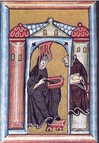 Illumination from the Liber Scivias showing Hildegard von Bingen receiving a vision and dictating to her scribe and secretary