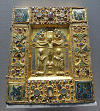 An 11th century reliquary of gold and cloisonné over wood, from the Duchy of Brabant, Maastricht Cathedral, now housed in the Louvre.