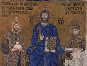 11th century mosaic of Constantine IX Monomachos, Empress Zoe, and Jesus Christ in the Hagia Sophia.