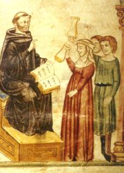 Constantine the African examines patients' urine; he taught ancient Greek medicine at the Schola Medica Salernitana.