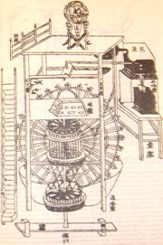 The original diagram of Su Song's book Xin Yi Xiang Fa Yao (published 1092) showing the clepsydra tank, waterwheel, escapement mechanism, chain drive, striking clock jacks, and armillary sphere of his clock tower.