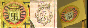 Hasekura had an official coat of arms, consisting of a Buddhist swastika crossed by two arrows, within a shield and surmounted by a crown, on an orange background. It is depicted in Deruet's painting, the Roman citizenship certificate (top left), various engravings (middle), and was used as the flag on his ship (right).