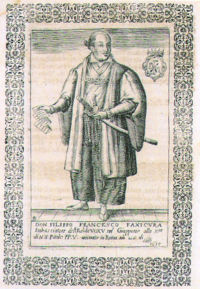 Depiction of Hasekura's visit in the 17th century German edition of Scipione Amati's 1615 book on the "History of the Kingdom of Voxu". Hasekura's blason in the top right corner.