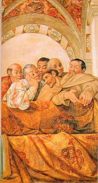 Hasekura conversing with the Franciscan Luis Sotelo, surrounded by other members of the embassy, in a fresco showing the "glory of Pope Paul V". Sala Regia, Quirinal Palace, Rome, 1615.