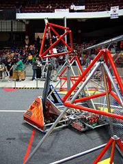 Several of the Tetrahedron scoring pieces and goals from the 2005 FIRST Robotics Competition game