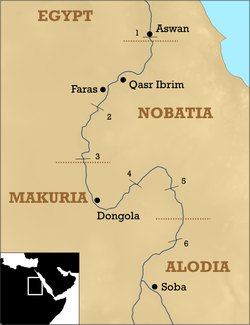 Christian Nubia in the three states period. Makuria would later absorb Nobatia. Note that the border between Alodia and Makuria is unclear, but it was somewhere between the 5th and 6th Cataracts of the Nile