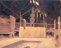 The interior of a ceremonial lodge in the Columbia River region painted by Paul Kane in 1846.