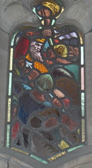 Stained glass window from the cloister of Worcester Cathedral showing the death of Penda of Mercia.