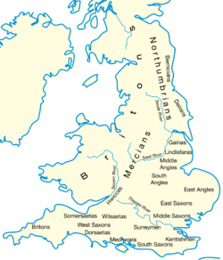 A map showing the general locations of the Anglo-Saxon peoples around the year 600