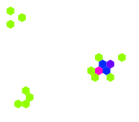 A sample of a 48-step oscillator from a 2D hexagonal Game of Life (rule 34/2).